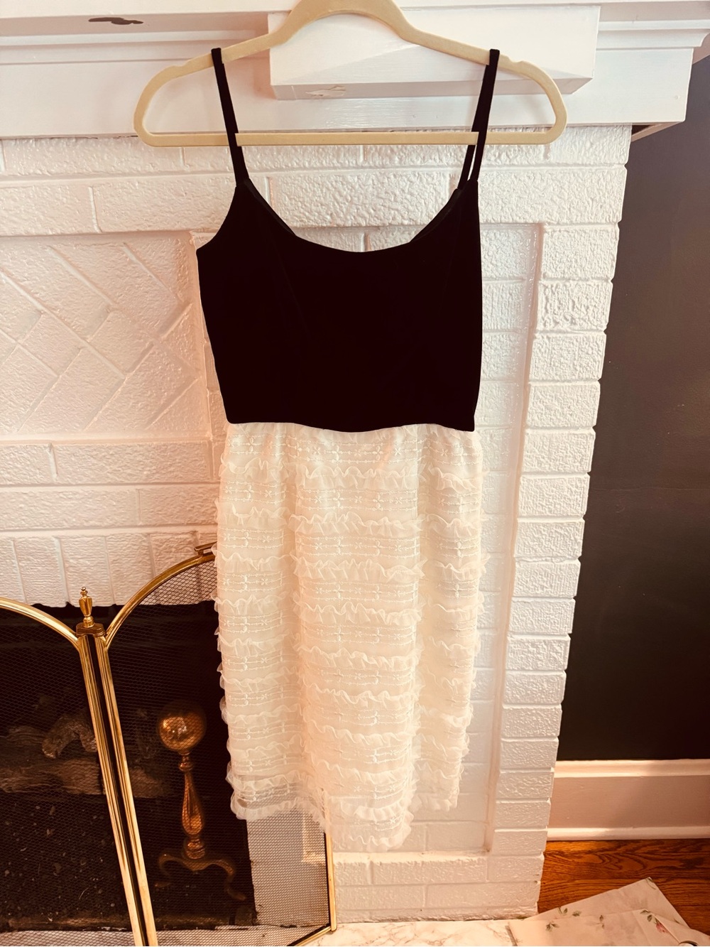 Original Milly of New York brand Black and Cream Spaghetti-Strap Lace Midi Dress